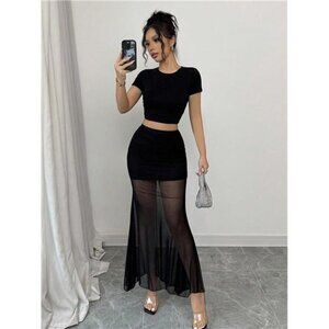 Tall Women's Solid Color Semi-Sheer Patchwork Skirt